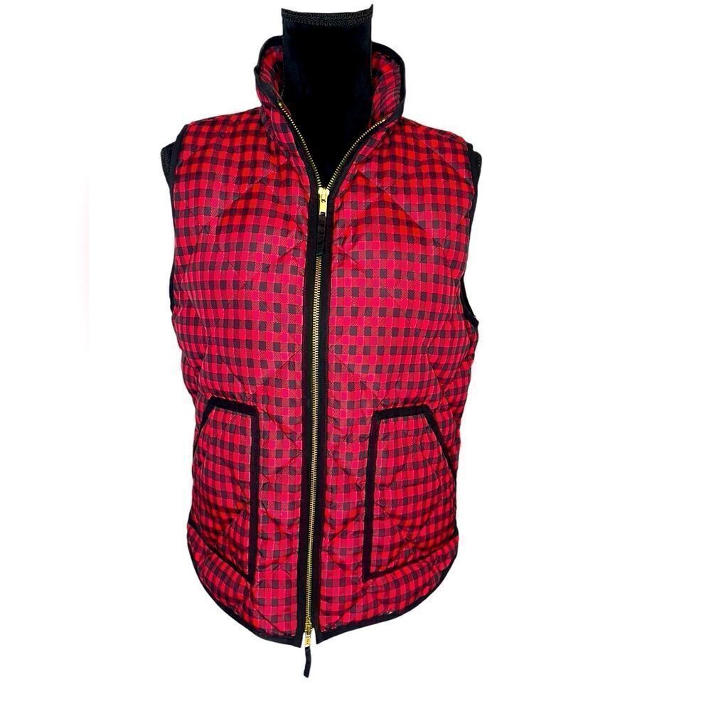 J.CREW RED/BLACK PLAID QUILTED CHECKERED PUFFER VEST WOMENS‎ SIZE MEDIUM